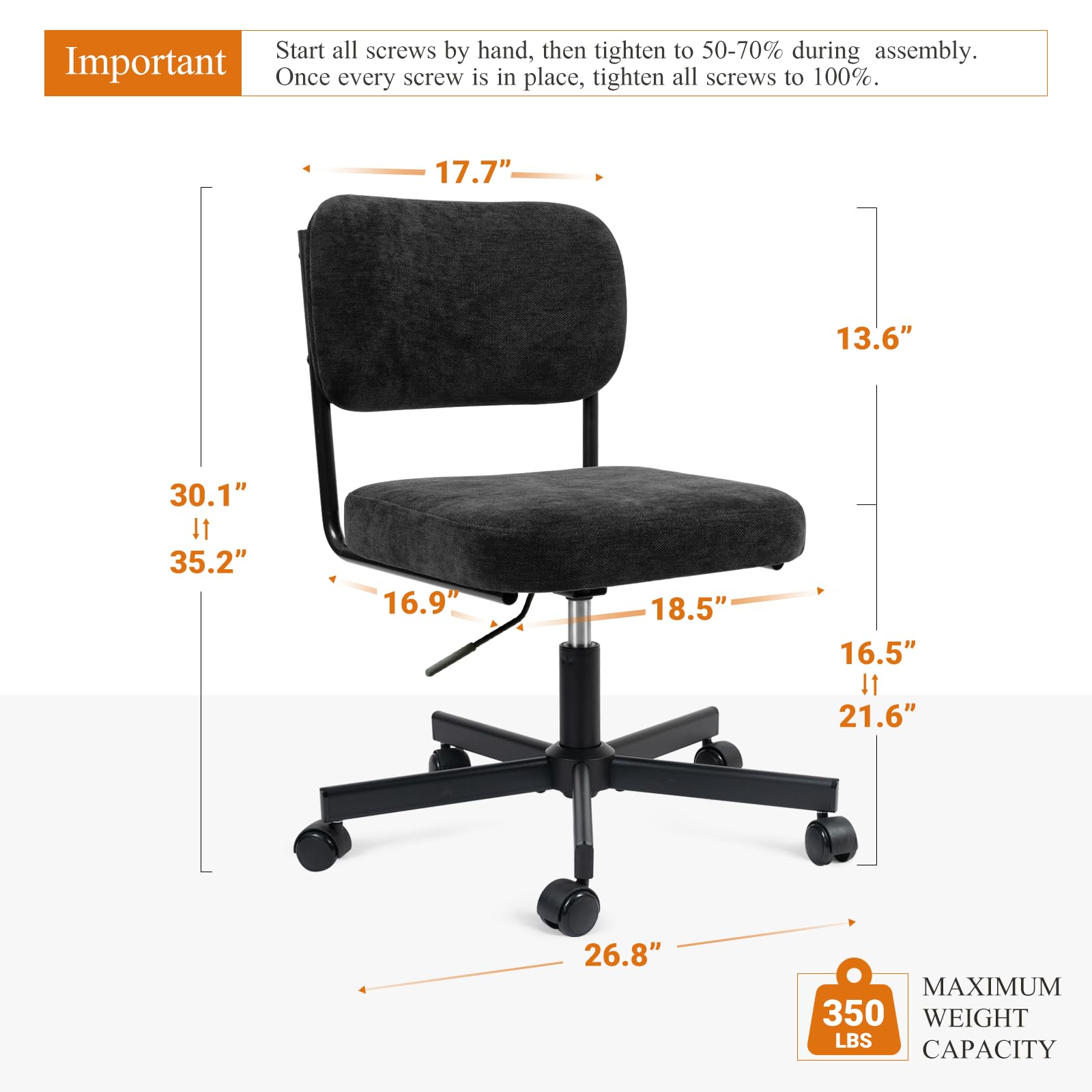 Vanity Chair with Wheels, Cute Armless Desk Chair with Back, Height Adjustable Swivel Small Office Chair, Comfy Fabric Computer Task Chair for Bedroom, Study, Dressing Room Black