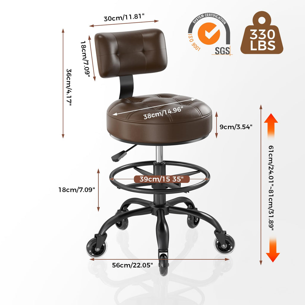 Office Drafting Chair with Footrest, Tall Height Adjustable Stool with Back Support, Heavy Duty Rolling Stool Chair with Wheels for Office Home Kitchen Bar Shop Guitar Studio Vanity, Brown