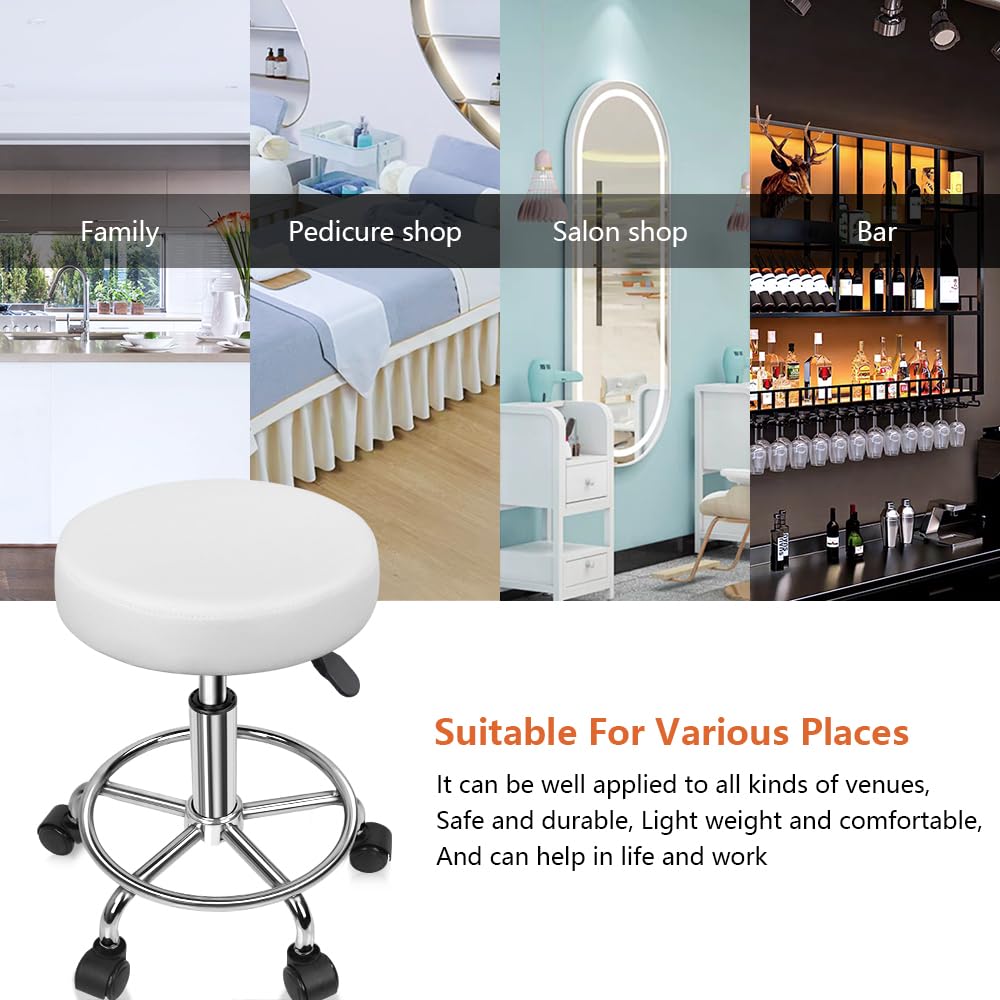 PU Leather Round Rolling Stool with Foot Rest Swivel Height Adjustable Stool Spa Drafting Salon Tattoo Work Office Massage Task Chair White Small (White)