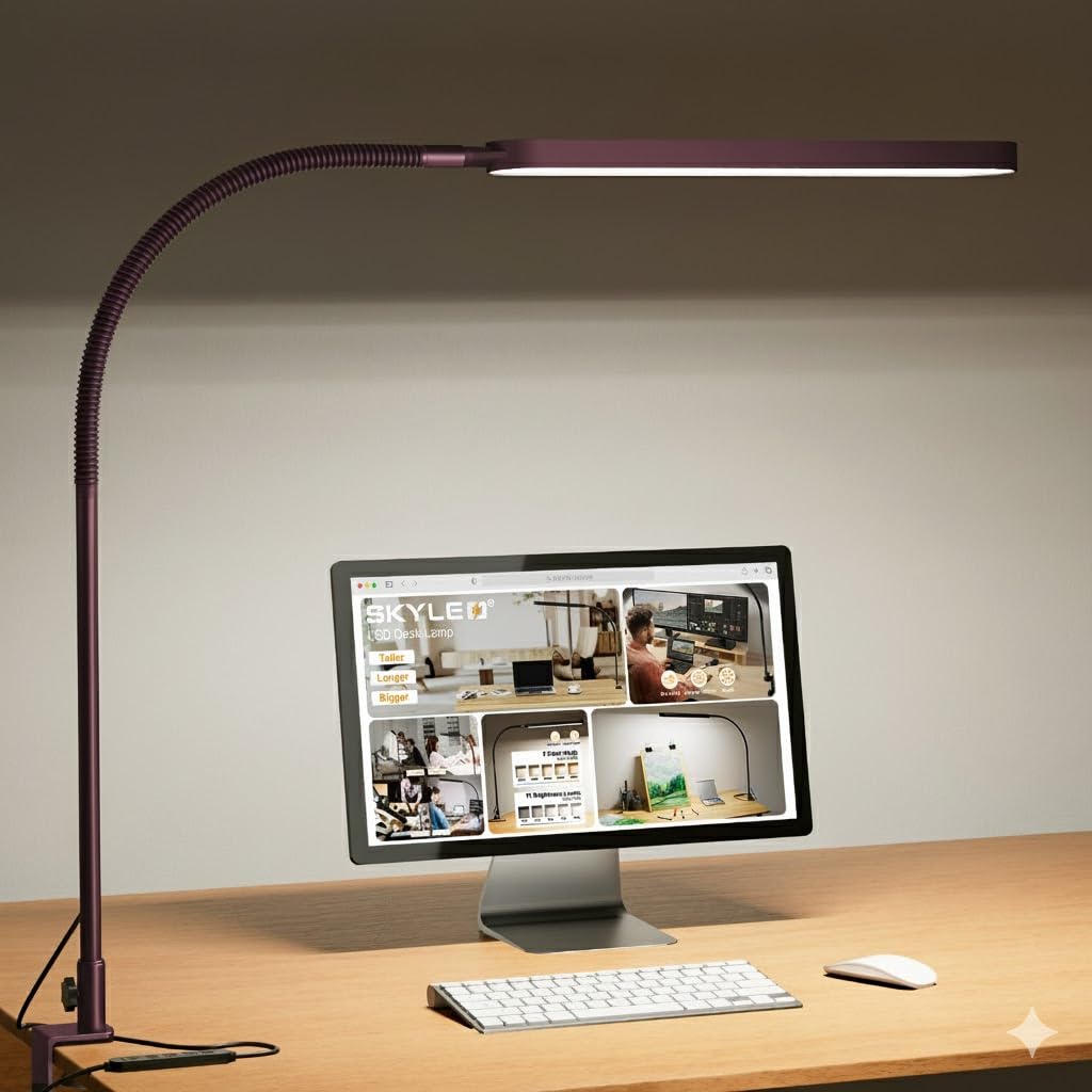 LED Desk Lamp - Desk Light for Office - Flexible Gooseneck - 5 Color Modes X 11 Brightness Levels - 1300LM - Timmer & Memory Function - 12W Clip on Light - Red