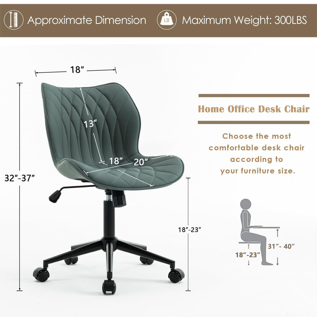 Armless Desk Chair Comfy Office Chair with Wheels Home Ergonomic Task Chair Adjustable Computer Chairs Modern Faux Leather Swivel Chair Upholstered Makeup Vanity Chair(Grayish Green)