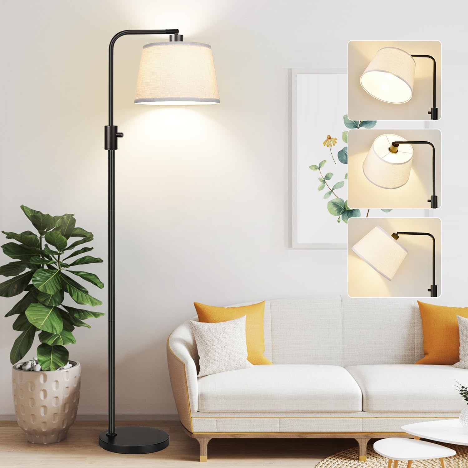 Floor Lamp, 1000 Lumens LED Edison Bulb Included, Arc Floor Lamps for Living Room Modern Standing Lamp with Linen Shade, Tall Lamp for Bedroom Office Dining Room- Black