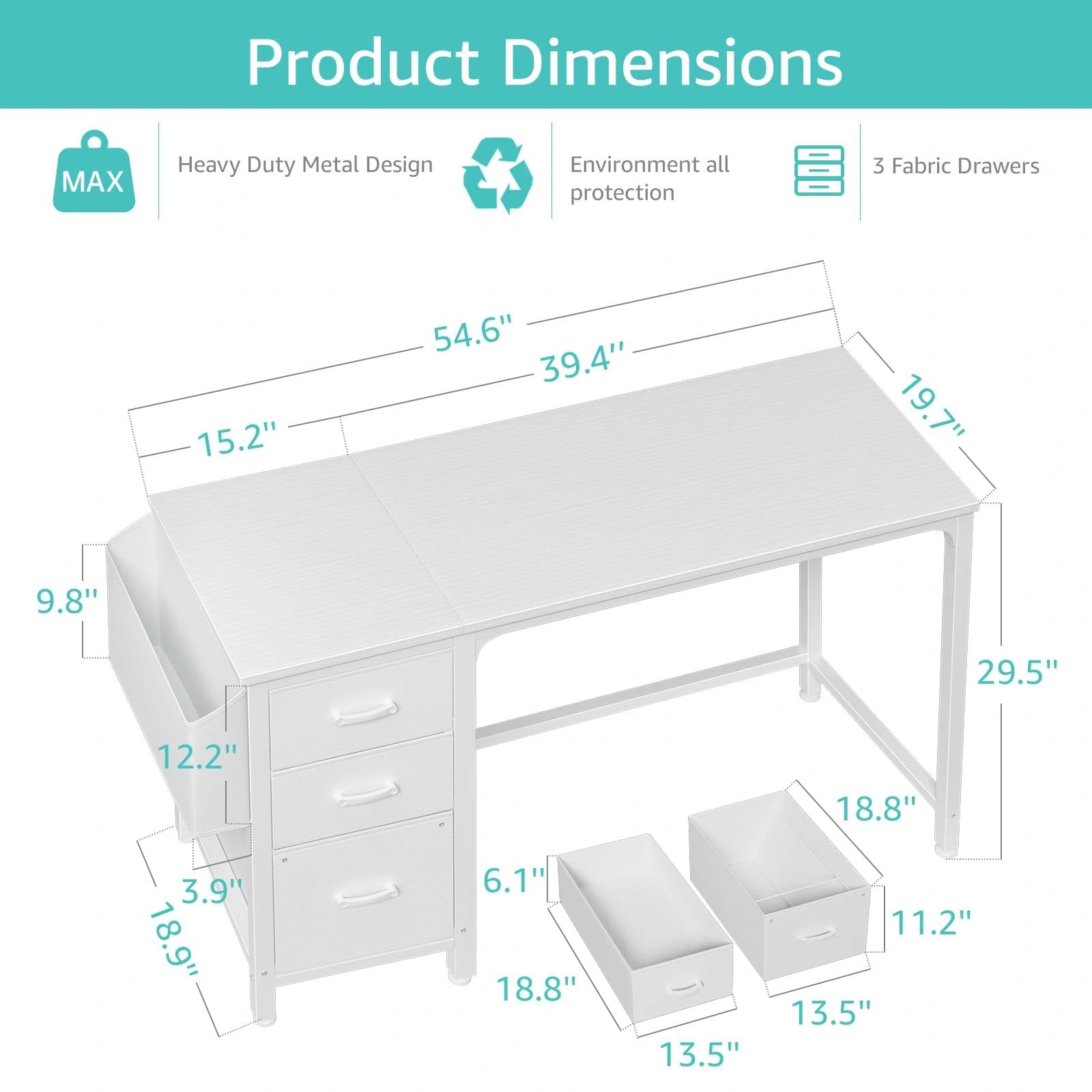 White Computer Desk with Fabric File Drawers Cabinet, 55 Inch Reversible Desks with Storage Filing Cabinet for Home Office, Modern Writing Table PC Desks for Bedroom, White