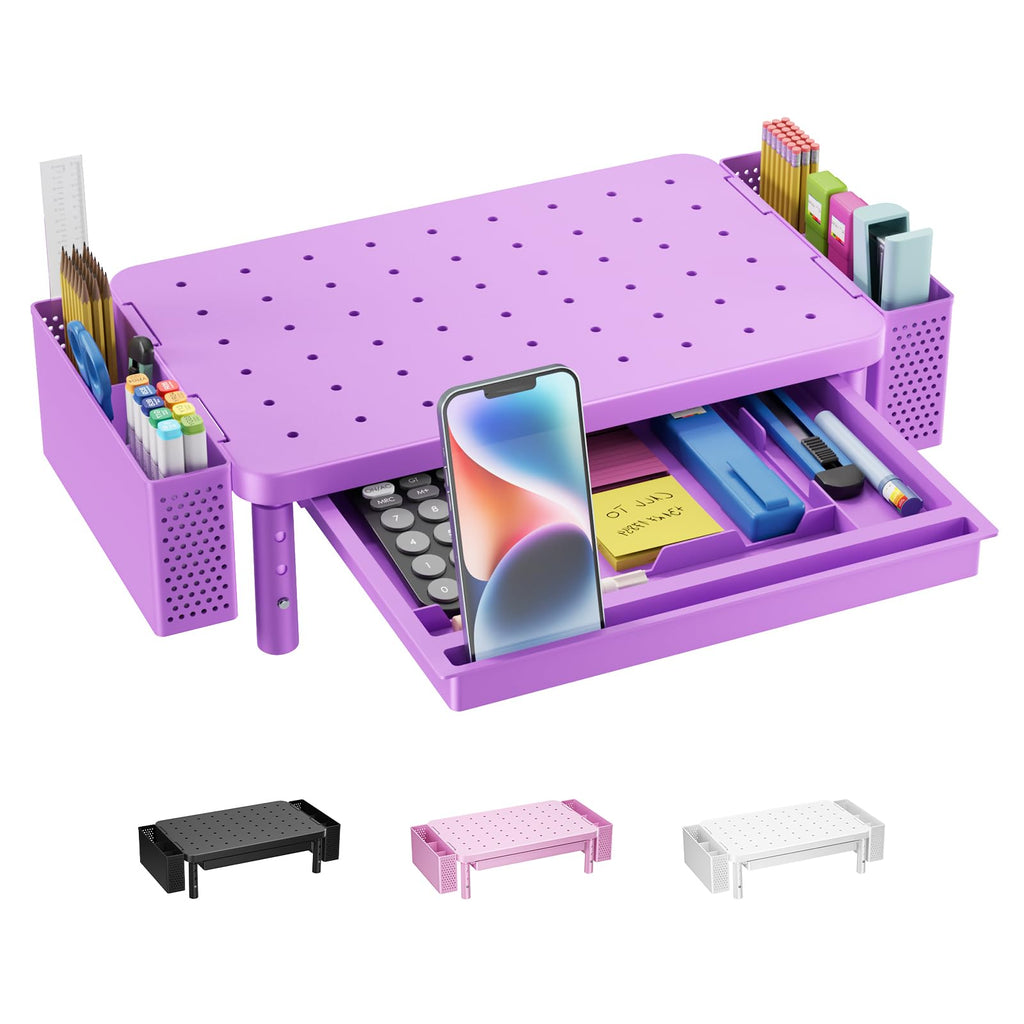 Computer Monitor Stand with Storage, Desk Organizer with Drawer and Pen Holder, Desk Monitor Riser 3 Height Adjustable, Laptop Riser for Laptop, Printer (PTT003-V), 1 Pack, Violet