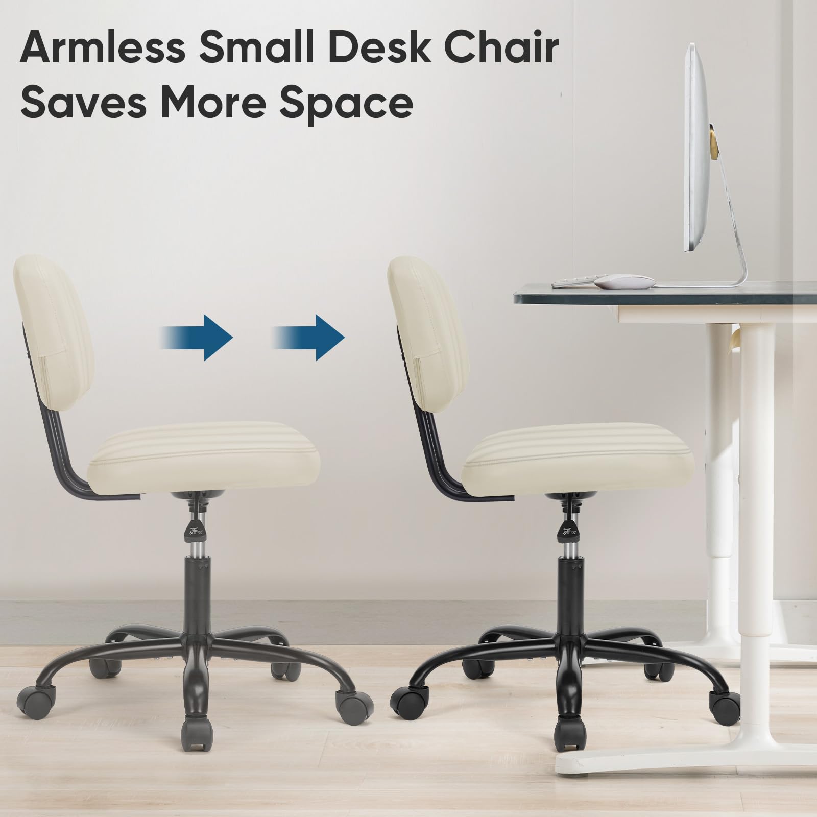 Armless Office Chair: Small Desk Chair with Low Back Lumbar Support, Height Adjustable PU Leather Computer Task with 360° Swivel Wheels, for Adults, Beige