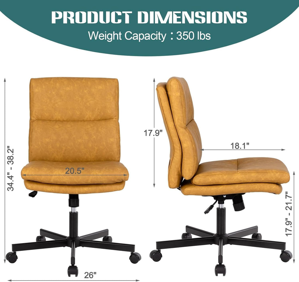Armless Office Desk Chair with Wheels, Double Padded PU-Leather Chairs, Mid-Back Criss Cross Swivel Task Chair, Height Adjustable Cushioned Vanity Chair for Home, Office & Bedroom (Yellow)