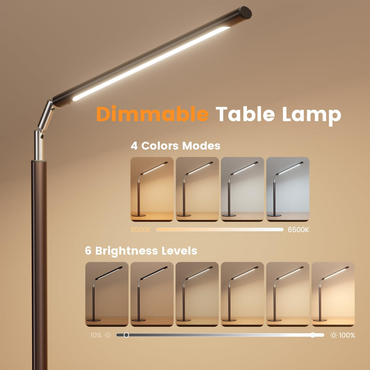 Brown LED Desk Lamp - 16" Foldable Metal Desk Light with Base, 15W, 1200LM, Dimmable Color Changing Table Lamp for Reading Study, Modern Table Lamp for Home Office Laptop College Dorm