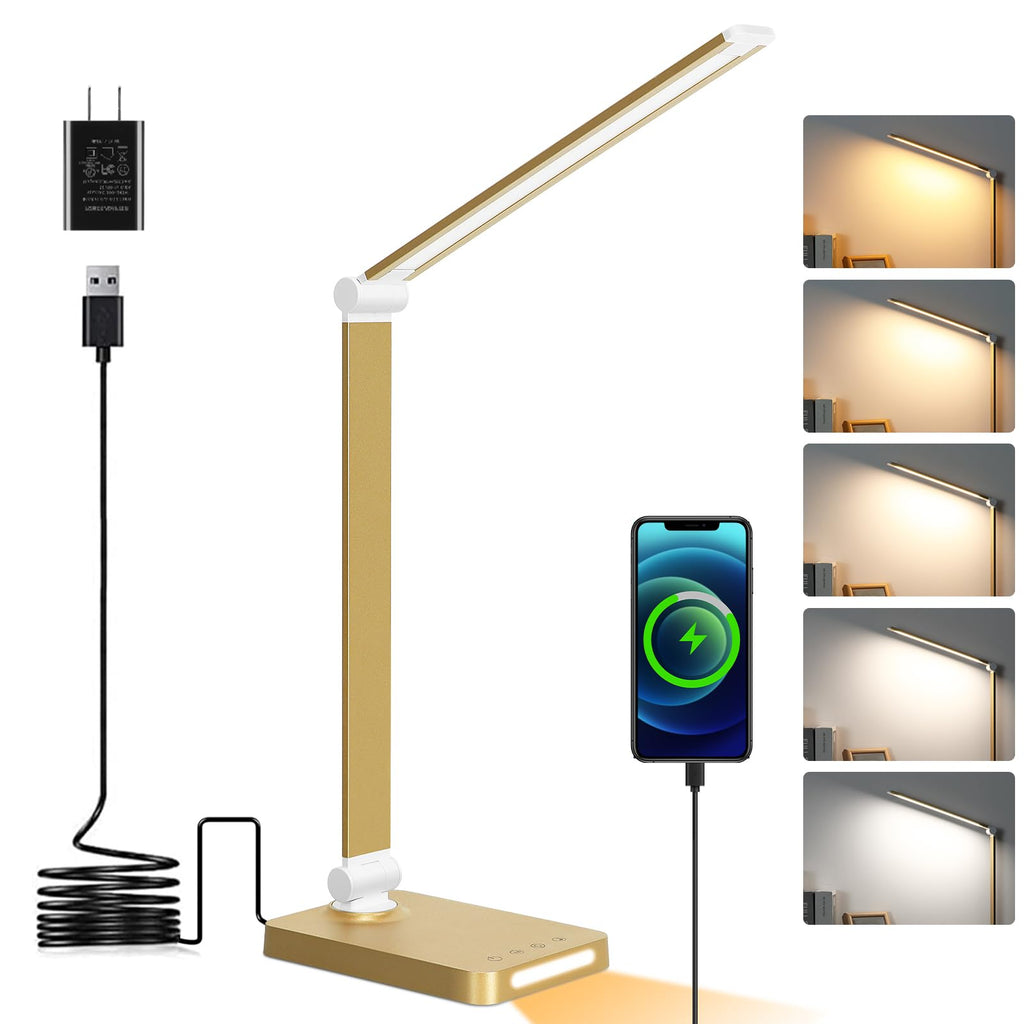 LED Desk Lamp with USB Ports,Touch Desk Lamps for Home Office with 5 Color Modes,3 Brightness Desk Light with Small Night Light,Reading Lamp Table Lamp for Bedroom Bedside Study Gold （with adapter）