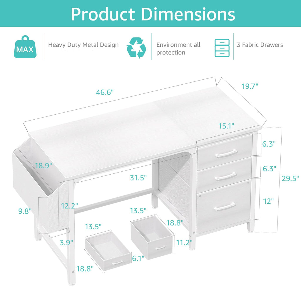 White Desk with File Drawers Cabinet, 47 Inch Reversible Computer Desk with Fabric Filing Cabinet for Bedroom Small Space Home Office, Modern Writing Table PC Desks, White