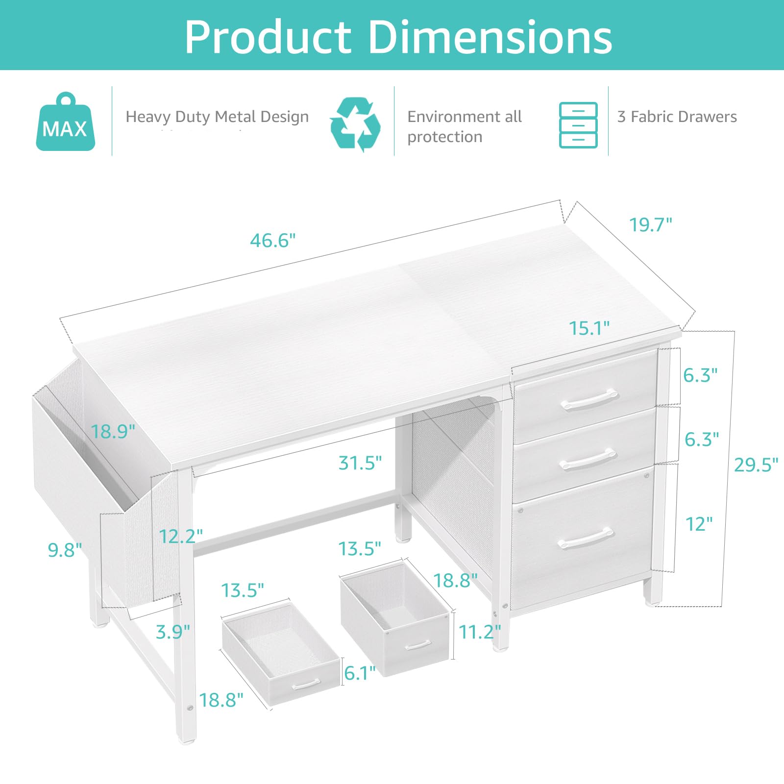 White Desk with File Drawers Cabinet, 47 Inch Reversible Computer Desk with Fabric Filing Cabinet for Bedroom Small Space Home Office, Modern Writing Table PC Desks, White