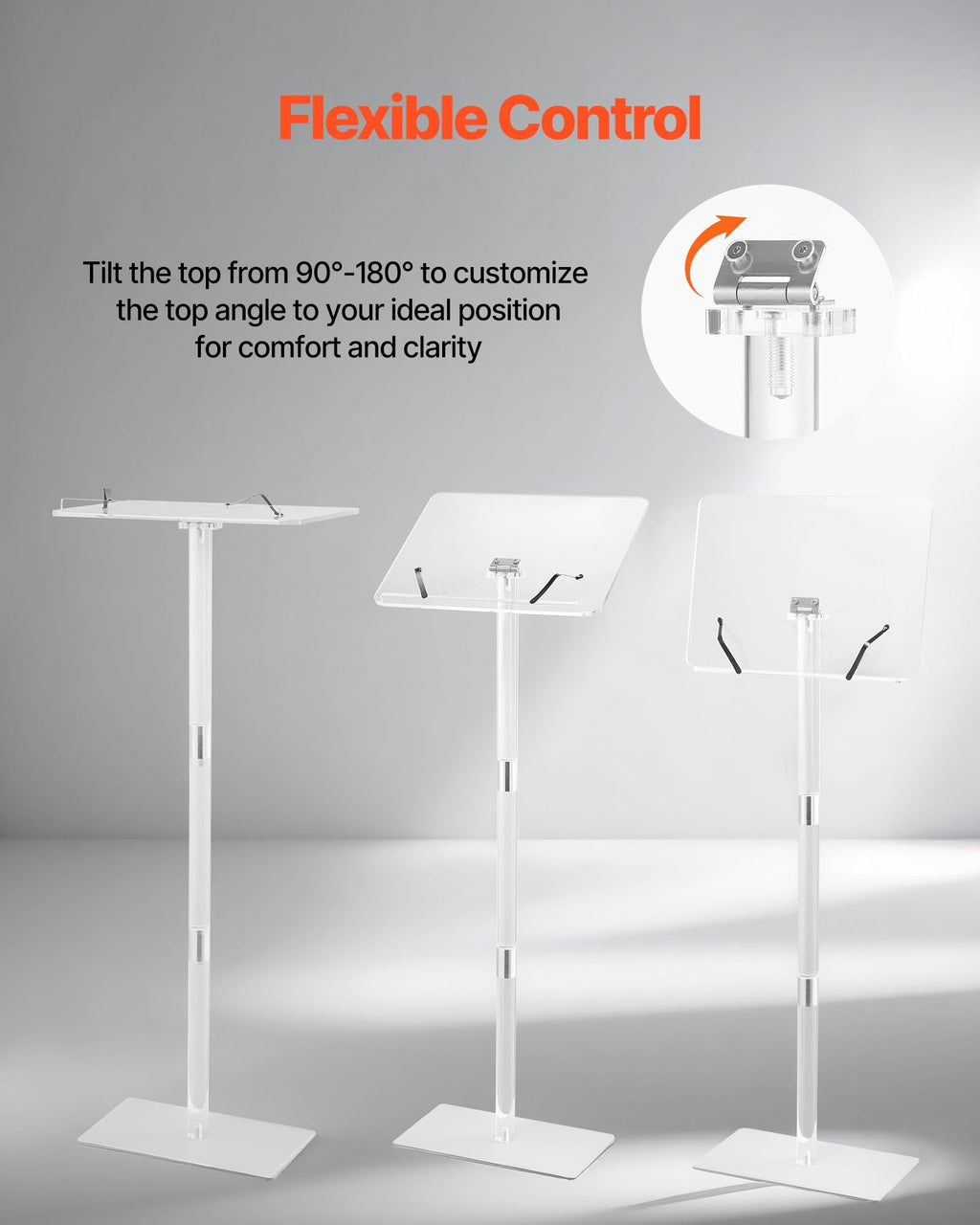 Podium Stand, 41-Inch Acrylic Lectern, Portable Laptop Desk with Wide Reading Surface, Book Clips, Adjustable Angle, Floor-Standing, for Classroom, Wedding, Conference, Lecture and Concert