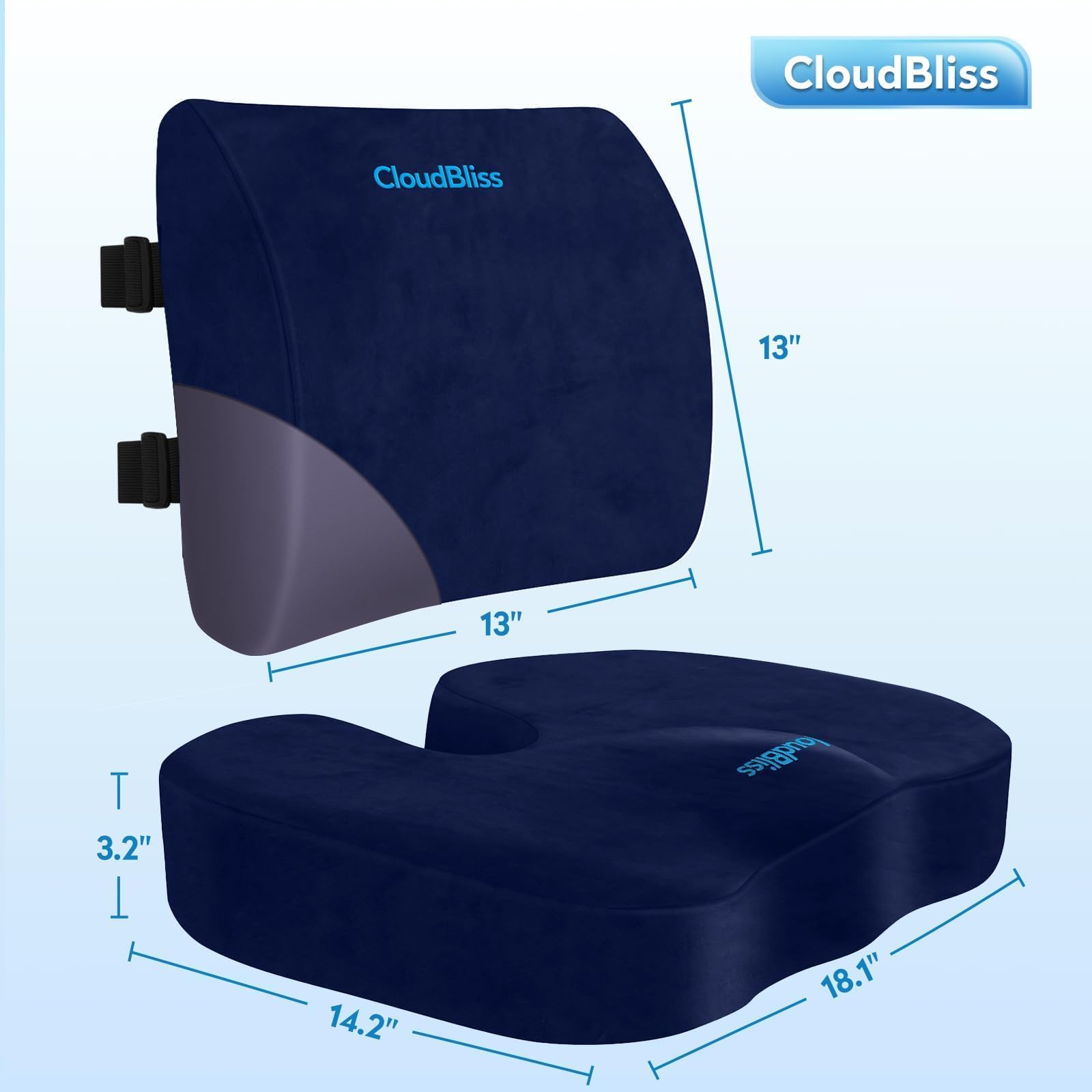 Lumbar Support Pillow & Seat Cushion Set for Office Chair, Desk Chair, Wheelchair & Car – Memory Foam Back Support, Ergonomic Chair Cushions, Sciatica Pain Relief, Home Essentials, Blue