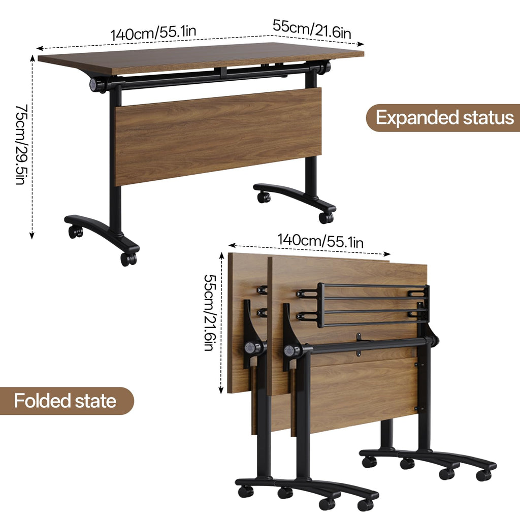 Folding Conference Table with Wheels, Flip-Top, 55.1in, 6 Pack, Walnut 1619