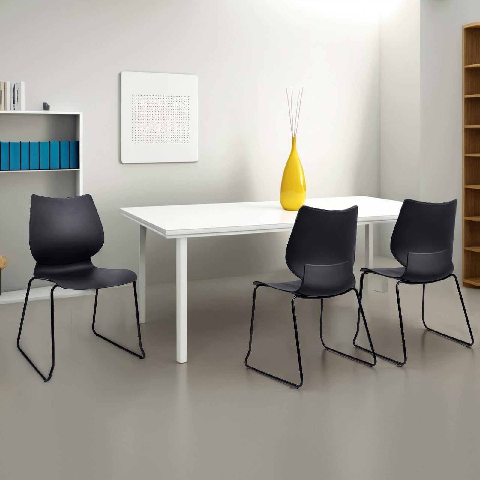 Set of 8, Stackable Waiting Room Chair, Stacking Office Chair with Ergonomic Lumbar Support and Metal Legs, Plastic Desk Chairs for Conference School Church Guest Reception, Black