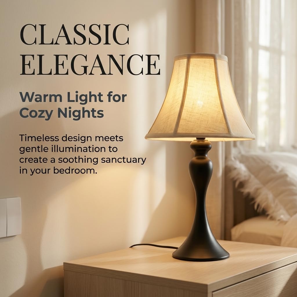 Traditional Table Lamp, Vintage Desk Lamp for Living Room with Fabric Shade, Farmhouse Bedside Lamp Black Finish for Bedroom Hotel Nightstand Office (Pack-01)