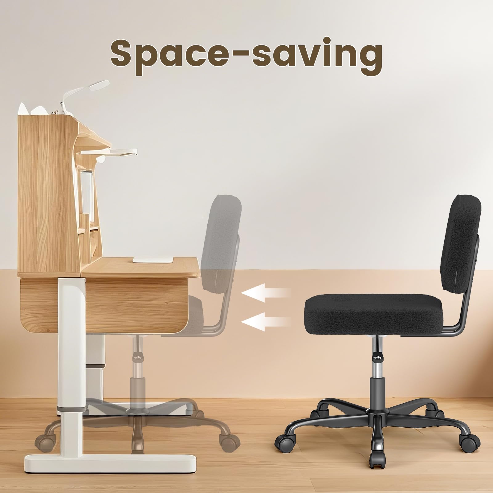 Teddy Fleece Office Chair Black Armless Swivel Task Chair with Adjustable Height & 360° Wheels for Home Office Study