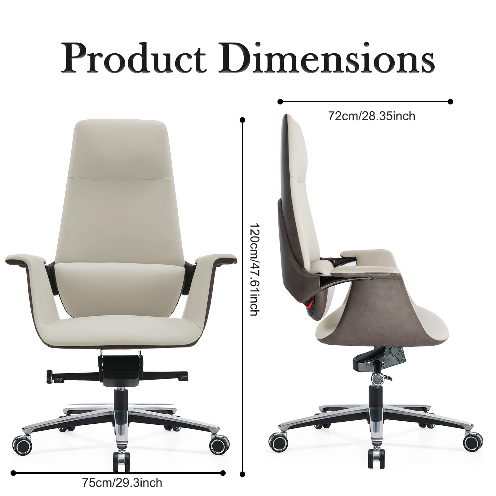 Genuine Leather Executive Chair, Top Grain Ergonomic High Back Office Chair with Lumbar Support, Height Adjustable 400lbs Weight Capacity Metal Base with 360° Flexible Wheels (White)