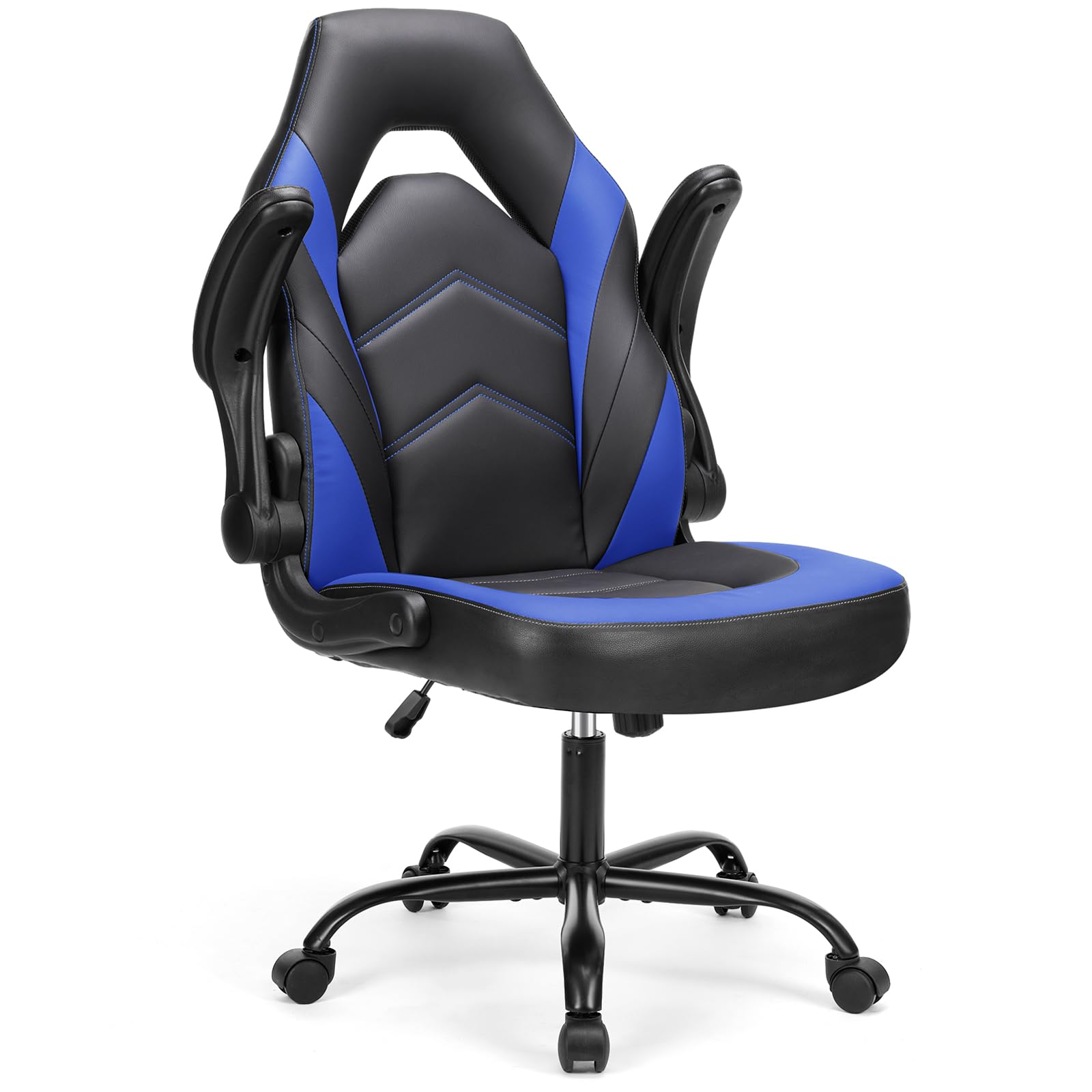 Computer Video Game Desk Chair - Ergonomic Comfy Lumbar Support, PU Leather with Flip-up Armrest, Height Adjustable and 360° Swivel, for Adults, Black Blue