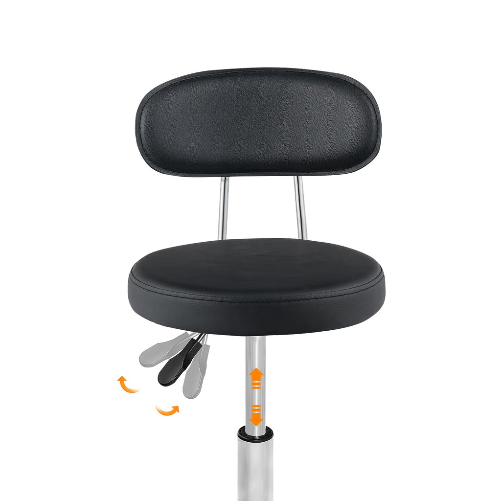 Height Adjustable Rolling Stool, 360° Rotating Drafting Chair, Multi-Purpose Office Desk Chair, Rolling Swivel Salon Stool Chair, for Barber Shop, Nail Salon, Office, Black