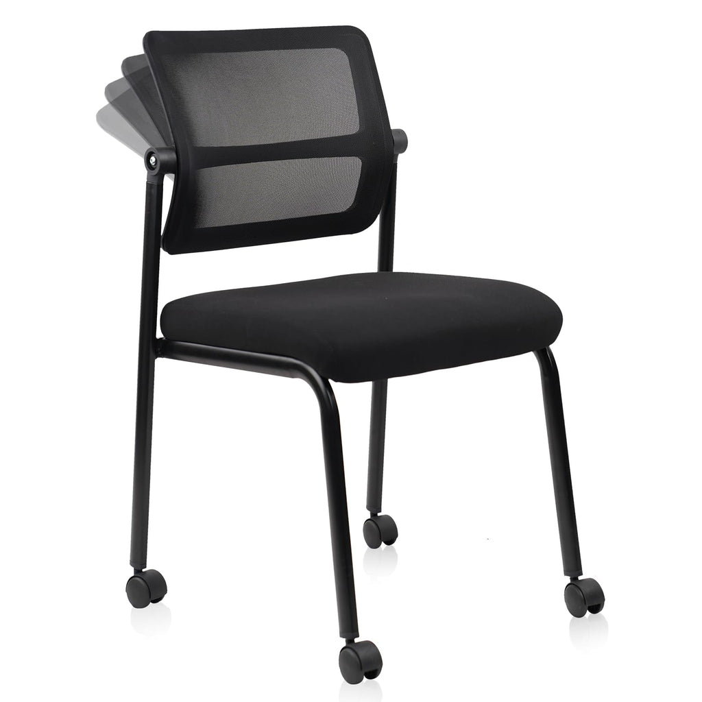 Stacking Armless Office Waiting Room Chair with Wheels, Stackable Mesh Guest Reception Desk Chairs with Adjustable Backrest for Conference Lobby Side School, Black