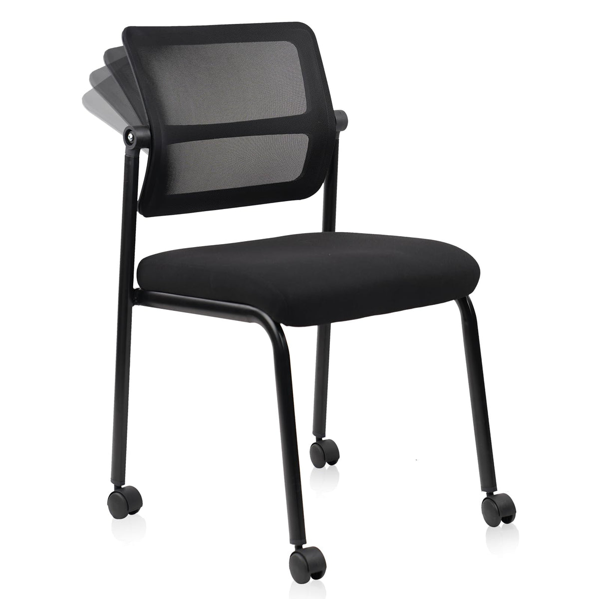 Stacking Armless Office Waiting Room Chair with Wheels, Stackable Mesh Guest Reception Desk Chairs with Adjustable Backrest for Conference Lobby Side School, Black