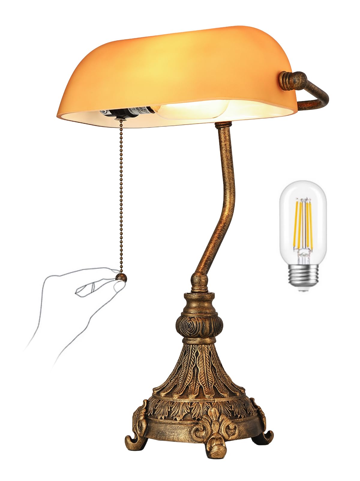 Vintage Amber Glass Bankers Desk Lamp,LED Bulb Included