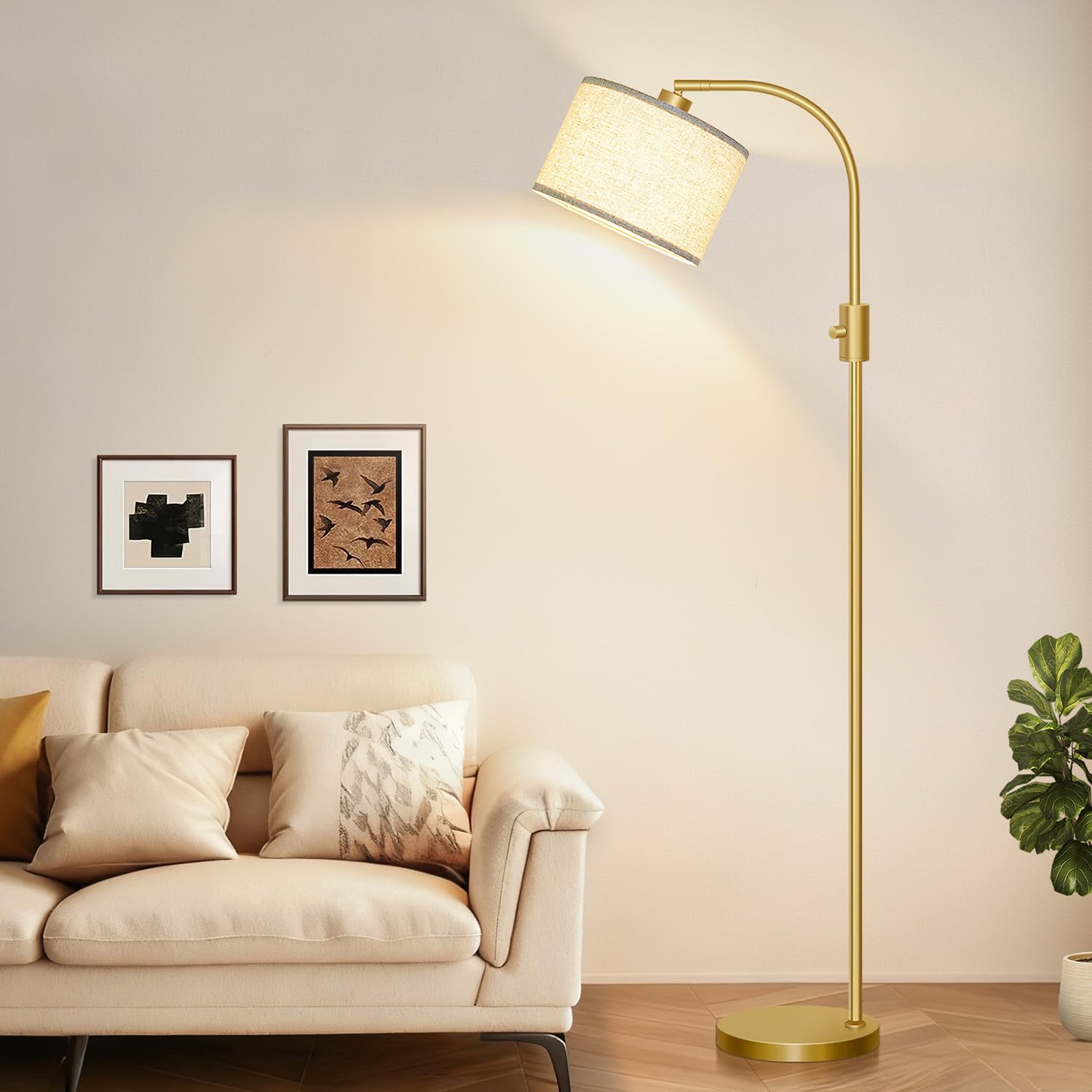 Upgraded Modern Arc Dimmable Tall Standing Floor Lamp with Linen Shade, 1200 Lumens LED Bulb Included, for Living & Reading Room, Bedroom, Office & Nursery, Gold