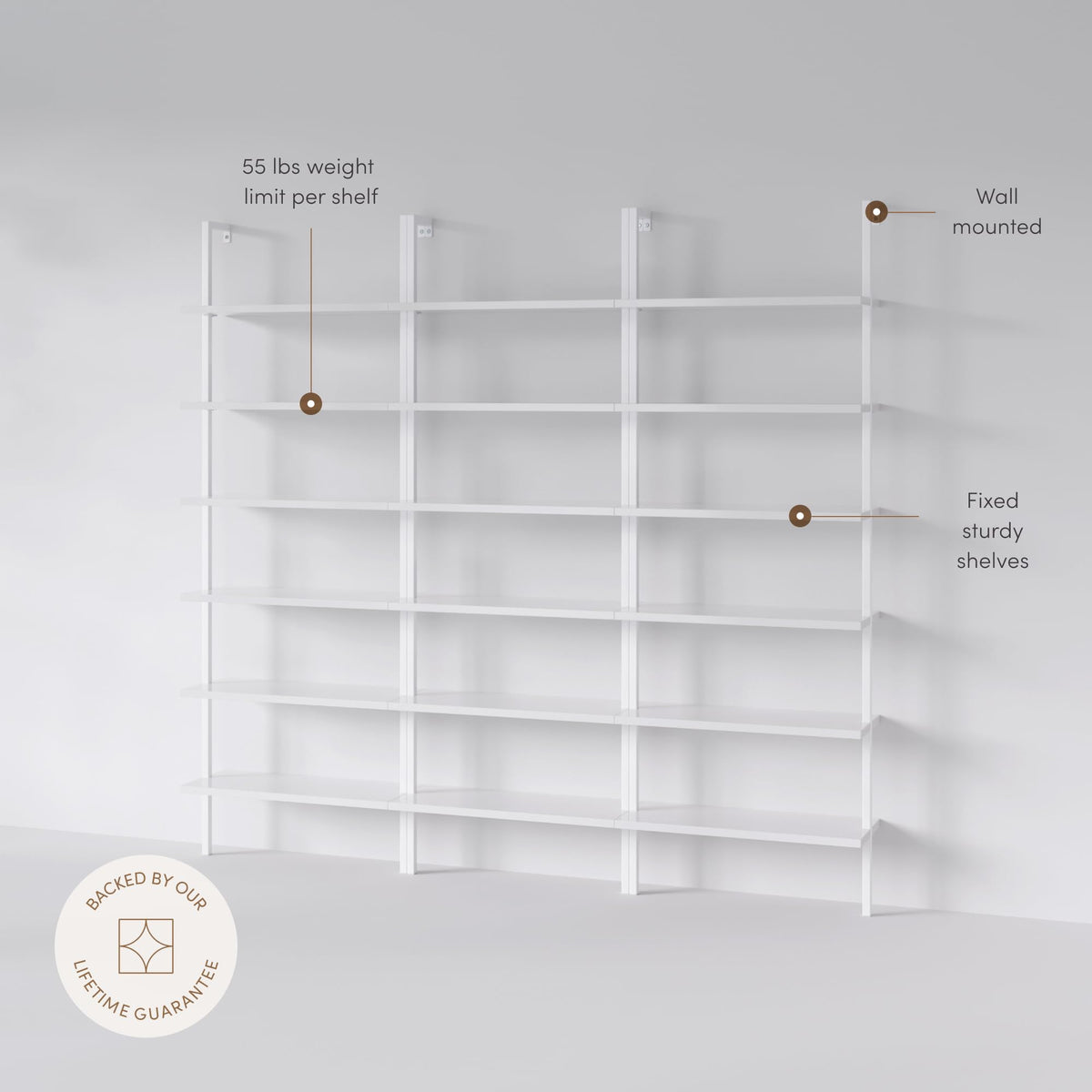 Set of 3, 6-Shelf Tall Modern Bookshelf, Wall Mount Ladder Shelf Bookcase with White Wood and Industrial Metal Frame, Matte White/White