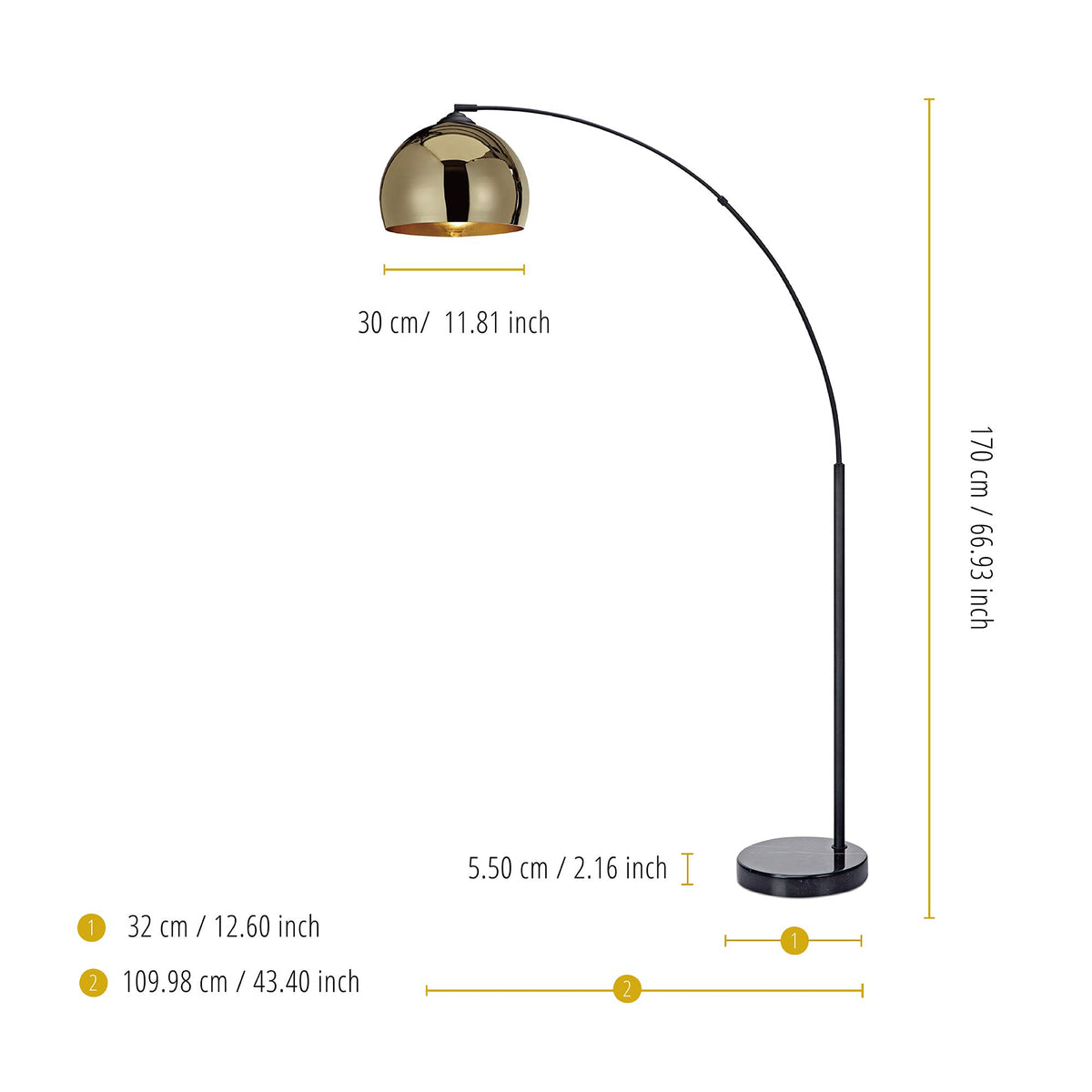 Arquer 66.93" Arc Floor Lamp for Living Rooms, Home Offices, Dining Rooms, Bedrooms with Faux Black Marble Base and Gold Bell Shade