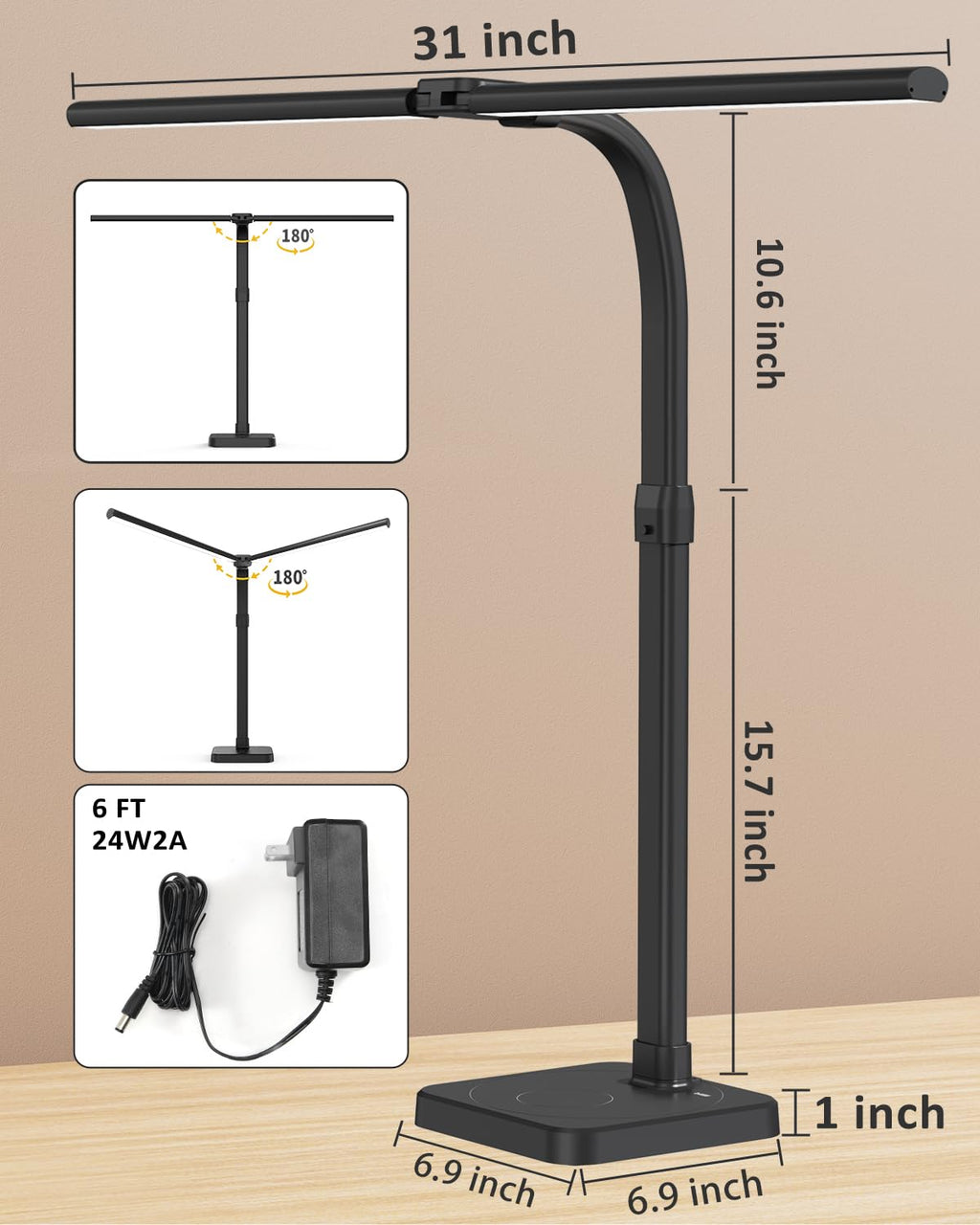 LED Desk Lamp for Office, Double Head 24W with Base, Architect Light 5 Lighting Brightness Flexible Gooseneck Table Reading Study, Black