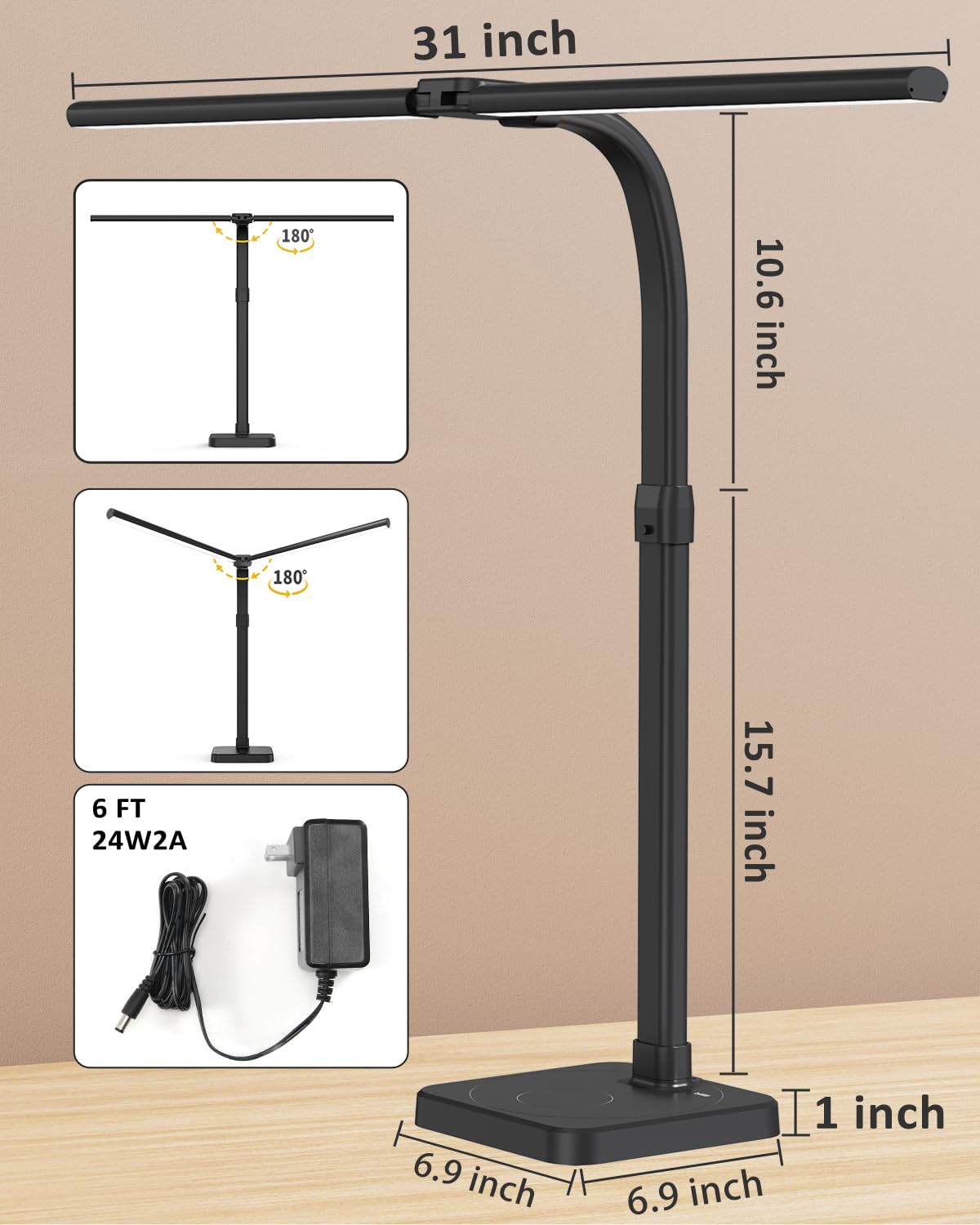 LED Desk Lamp for Office, Double Head 24W with Base, Architect Light 5 Lighting Brightness Flexible Gooseneck Table Reading Study, Black