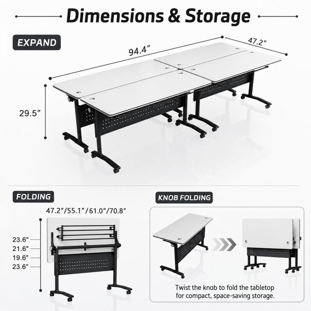 Folding Conference Table with Wheels, 61in, 2 Pack, White Wire-Control
