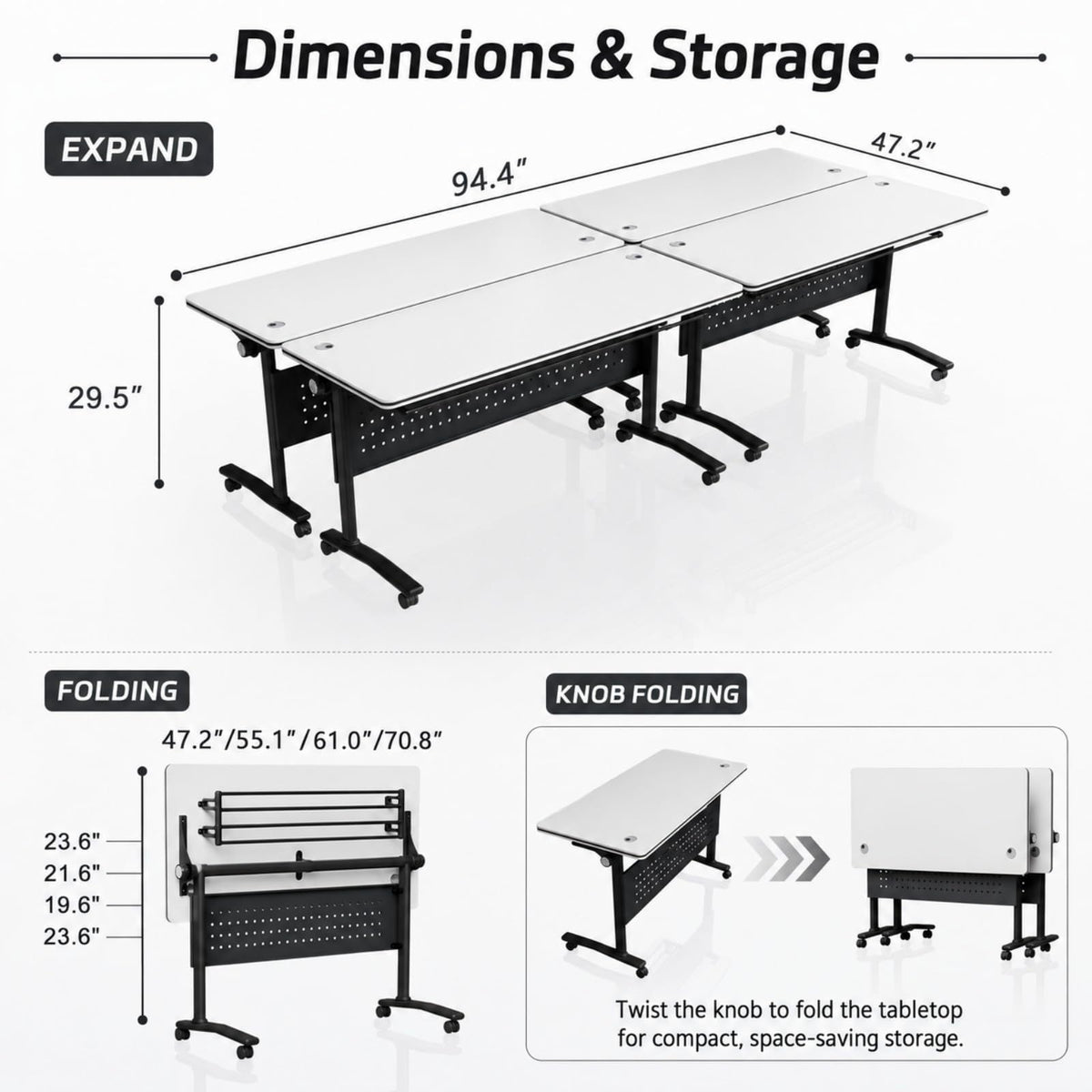 Folding Conference Table with Wheels, 61in, 2 Pack, White Wire-Control