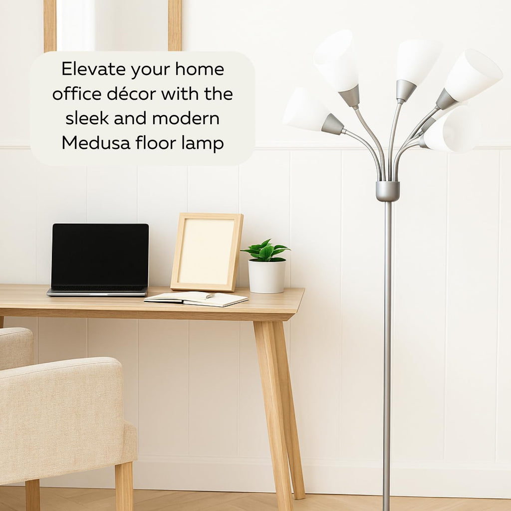 Medusa 5-Light Floor Lamp – Silver Multi-Head Standing Lamp w/ 5 Adjustable White Acrylic Shades for Bedroom, Living Room, Office, Requires E12 Candelabra-Base LED Bulbs