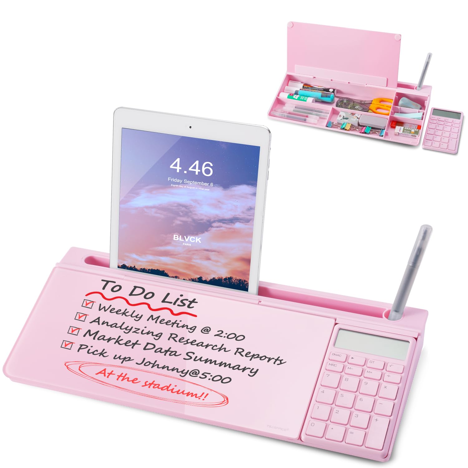 Small Glass Desktop Whiteboard Dry-Erase-Board - Computer Keyboard Stand with Calculator White Board Surface Pad with Drawer, Desk Organizers with Accessories for Office, Home, School Supplies - Pink
