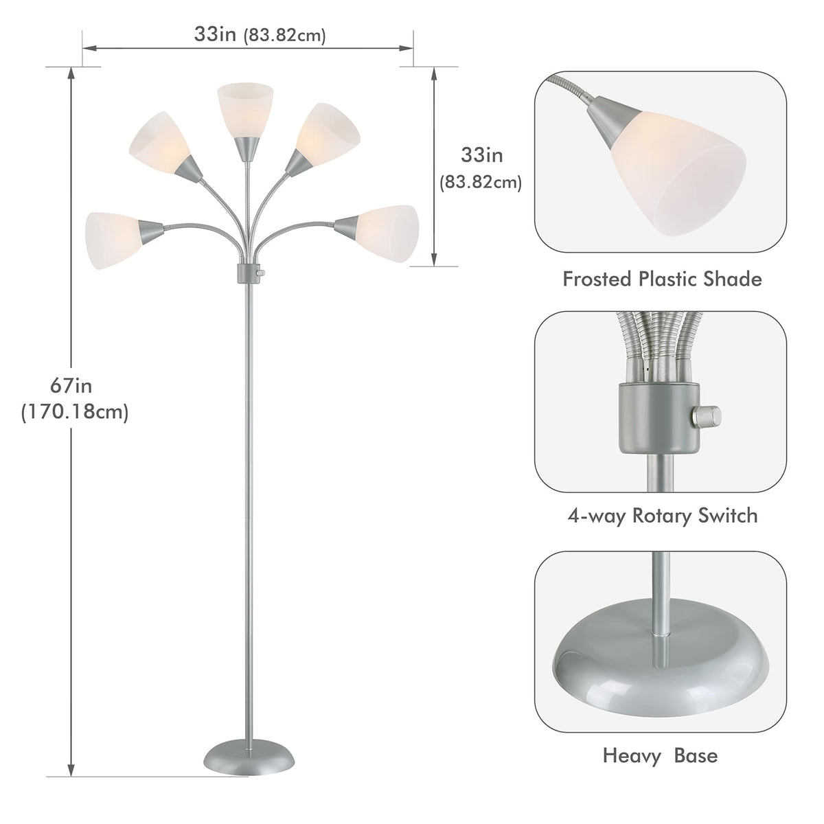 Medusa Modern Decor Floor Lamp, Multi Head Adjustable Gooseneck Bright Light Lamp for Reading, White Shades Tall Standing Tree Floor Lamp for Living Room Bedroom Office Kids Classroom, Silver