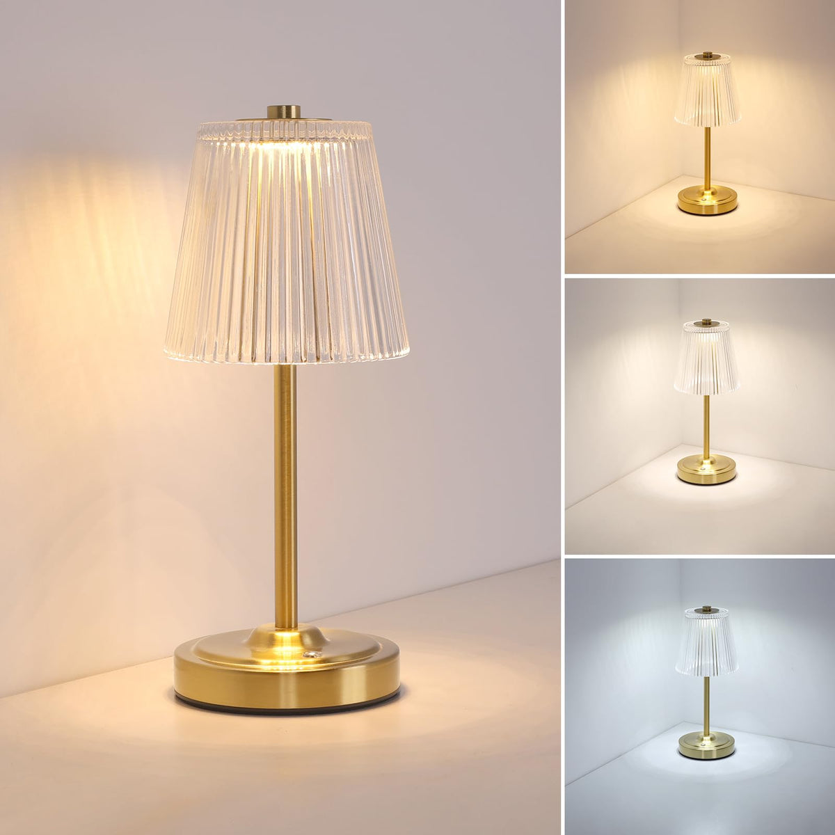 Cordless Touch Table Lamp with 5200mAh Battery - 3 Adjustable Color Temperatures & Dimmable, Rechargeable Lamp for Bedroom, Living Room, Office, Entryway, Bookshelves (Transparent Stripe)