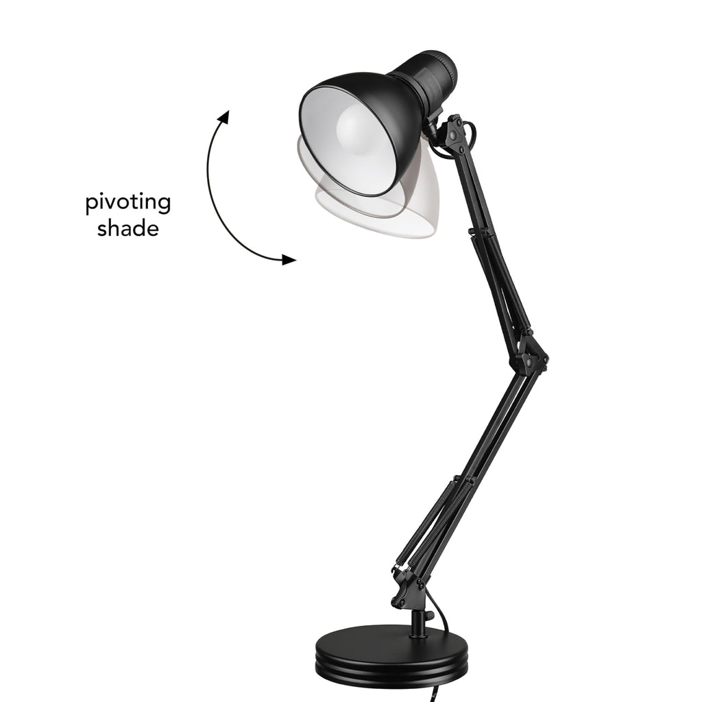 28" Heavy Base Top Moving Spring Balanced Swing Arm Desk Lamp, Black, On/Off Rotary Switch on Shade, Office Decor, Reading Light, Home Essentials, Room Lighting
