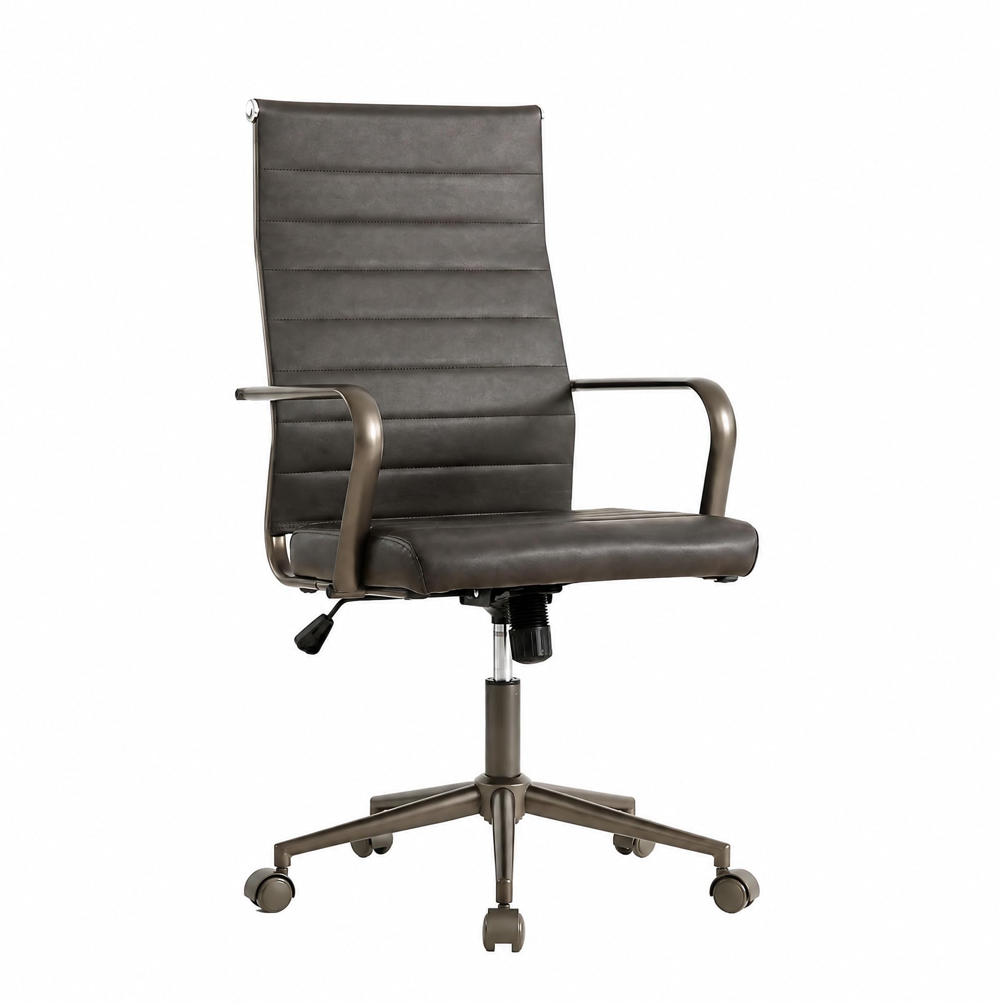 Leather Office Desk Chair, Ergonomic Mid Century Modern Conference Room Chairs, Executive Ribbed Height Adjustable Swivel Rolling Chair for Home Office.
