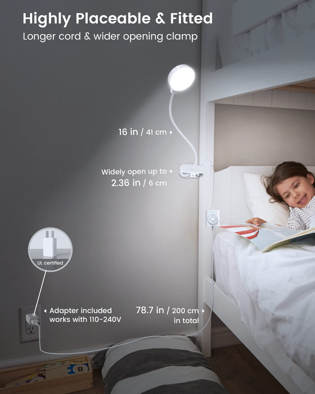 5W Clip on Light, 3 Colors & 5 Brightness Reading Light for Bed