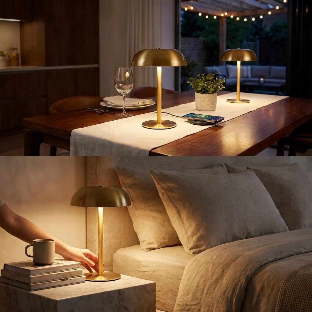 2 Pack Portable LED Mushroom Table Lamp, Metal Cordless Desk Night Light, Stepless Dimming Touch Lamp with 3 Colors for Bedroom Bedside Restaurant Bar, Golden