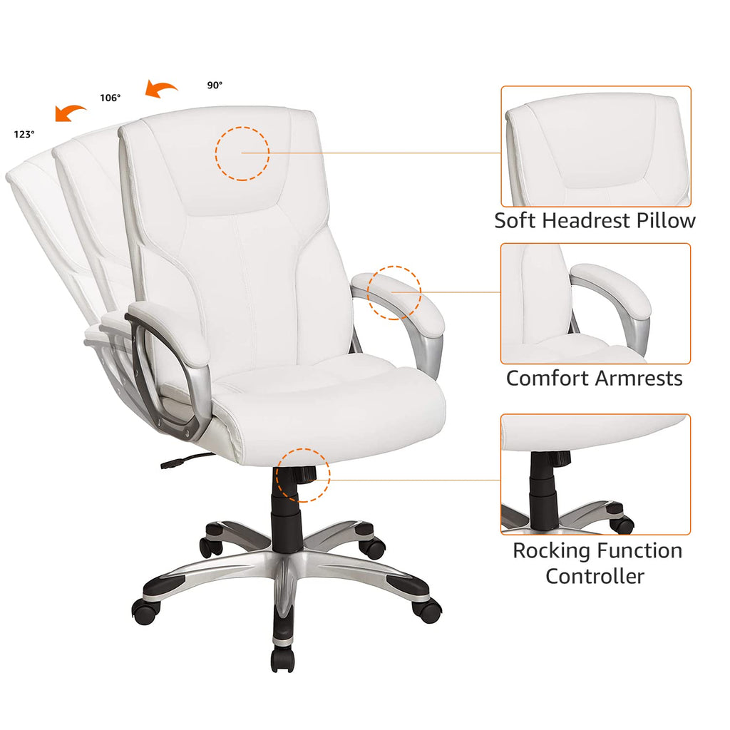 Executive High Back Office Desk Chair, Adjustable Height, Tilt, Swivel, 275lb Capacity, Bonded Leather, White/Pewter