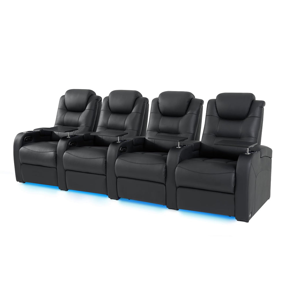 Leather Home Theater Seating, Simple Style Top Grain Leather Game Seats Movie Theater Chairs Recliner Sofa with Type-C USB Charger (Black, Row of 4)