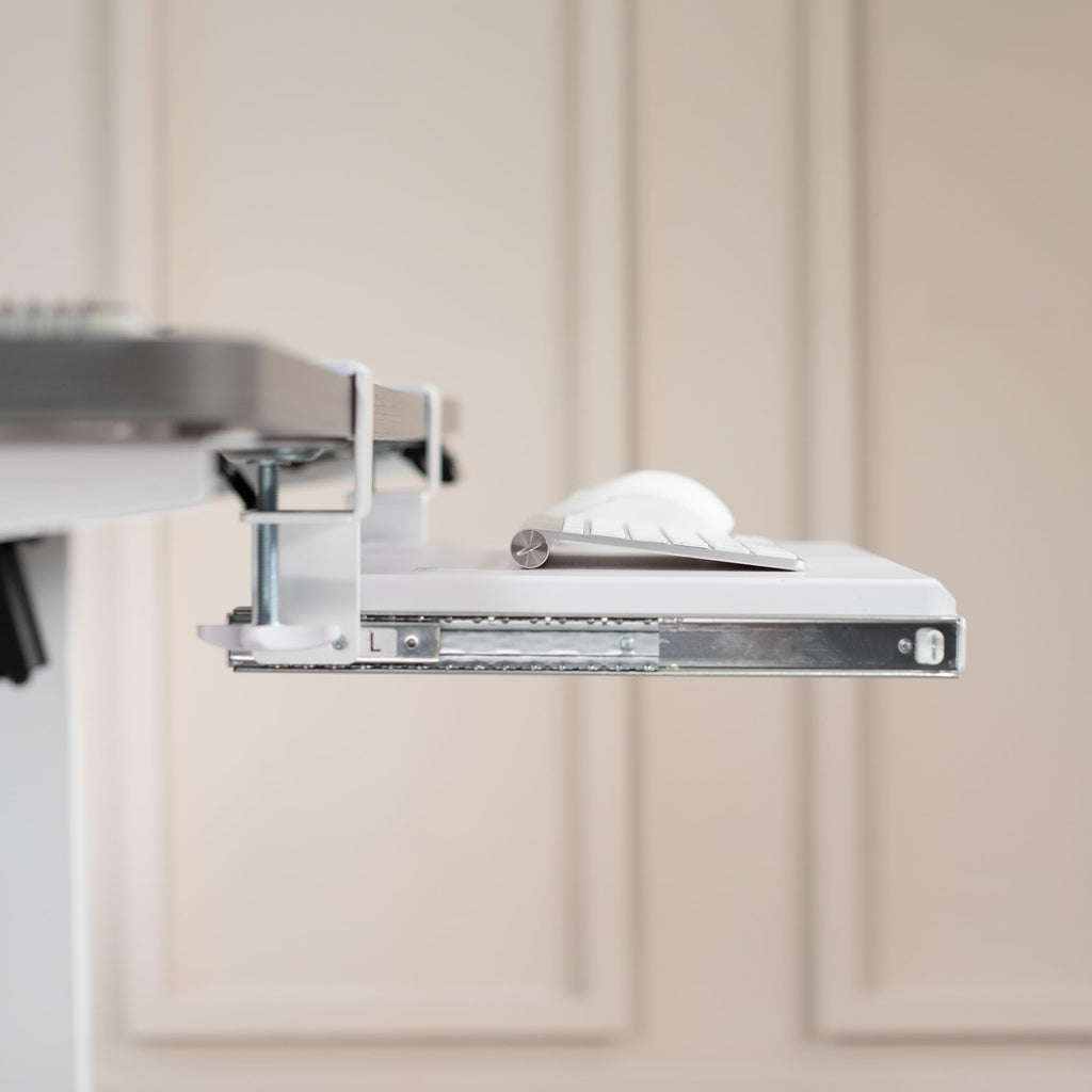 Small Keyboard Tray, Under Desk Pull Out with Extra Sturdy C Clamp Mount System, 20 (26 Including Clamps) x 11 inch Slide-Out Computer Platform Drawer, White