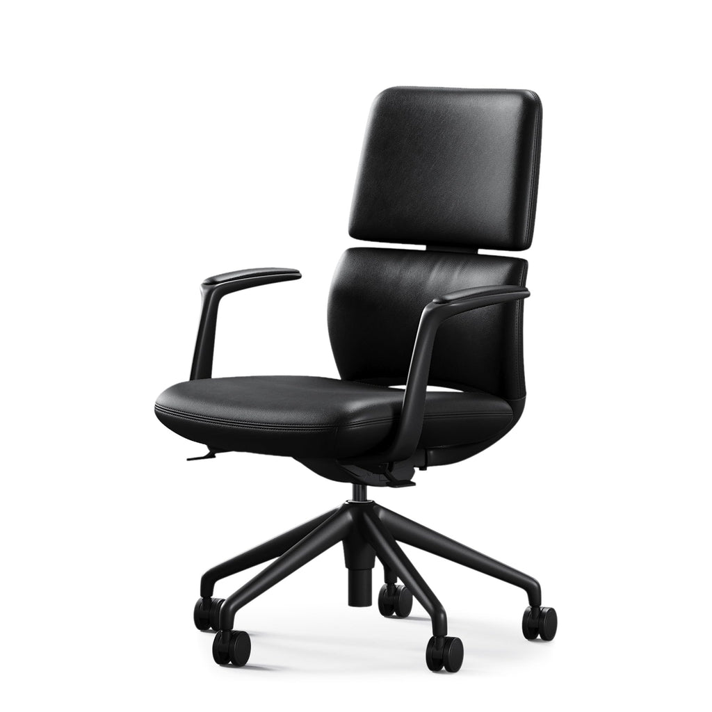 Genuine Leather Office Desk Chair with Wheels, Ergonomic Leather Executive Chair, Mid Back, Swivel Base with Adjustable Tilt, Modern Style, Luxury Aluminum Frame