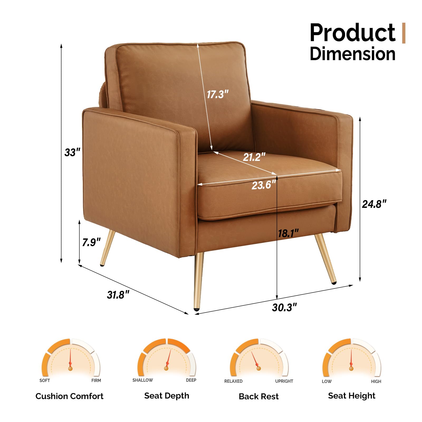 Modern PU Leather Accent Chair Comfy Chair Arm Chair Reading Chair with Golden Metal Legs and Deep Seat for Office,Apartment,Small Space,Cognac