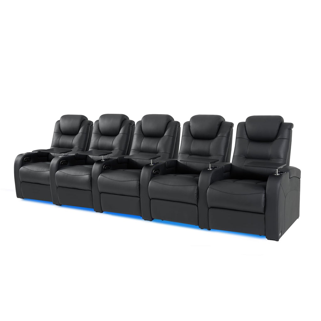 Top Grain Leather Home Theater Seating Seats, Simple Style Dual Power Movie Gaming Sofa Movie Theater Chairs Recliner Sofa with Type-C USB Charger Cup Holders (Black, Row of 5)