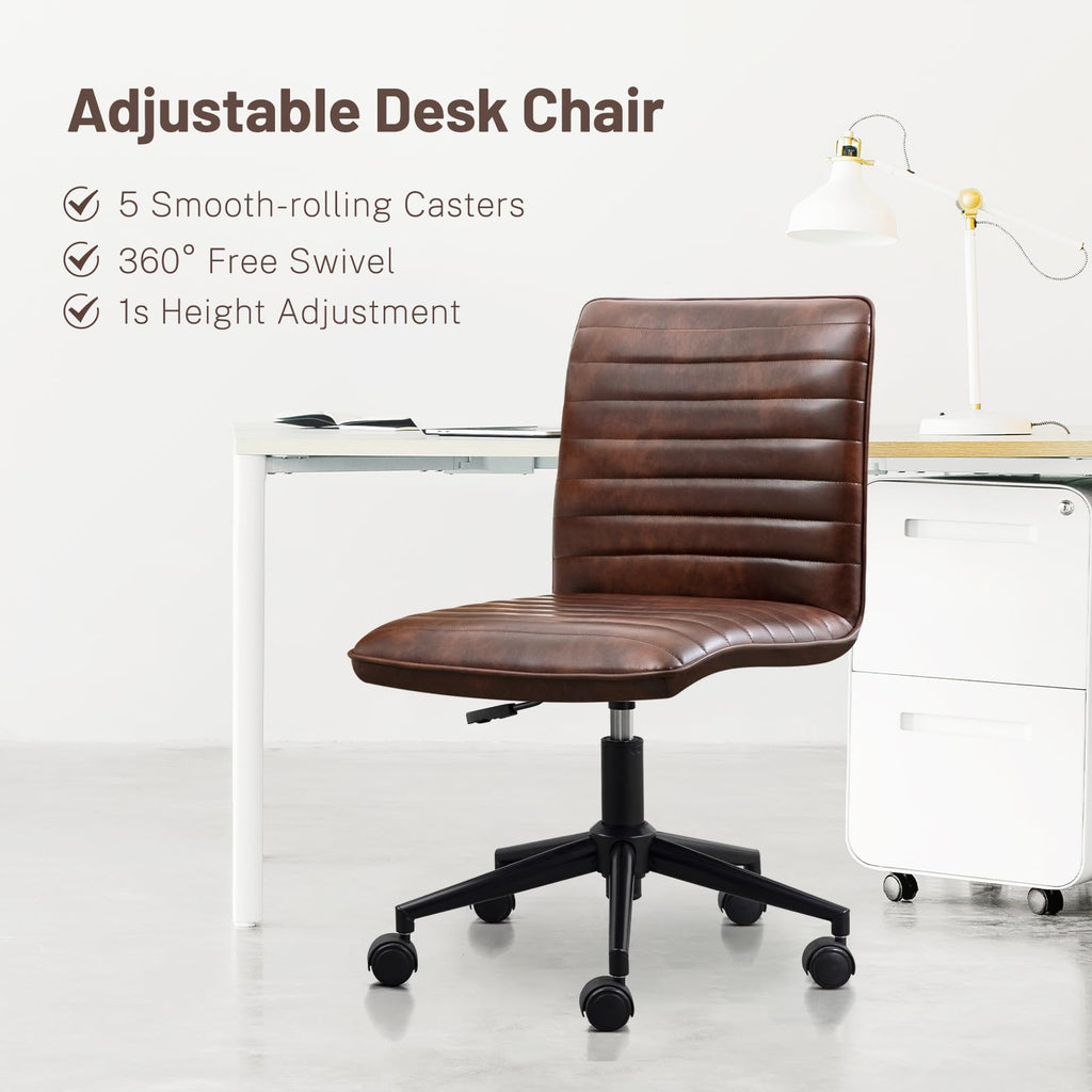 Leather Home Office Chair, Armless Vanity Desk Task Chair with Wheels 360° Swivel Computer Rolling Desk Chair with Back, Adjustable Accent Chair with Base Stool