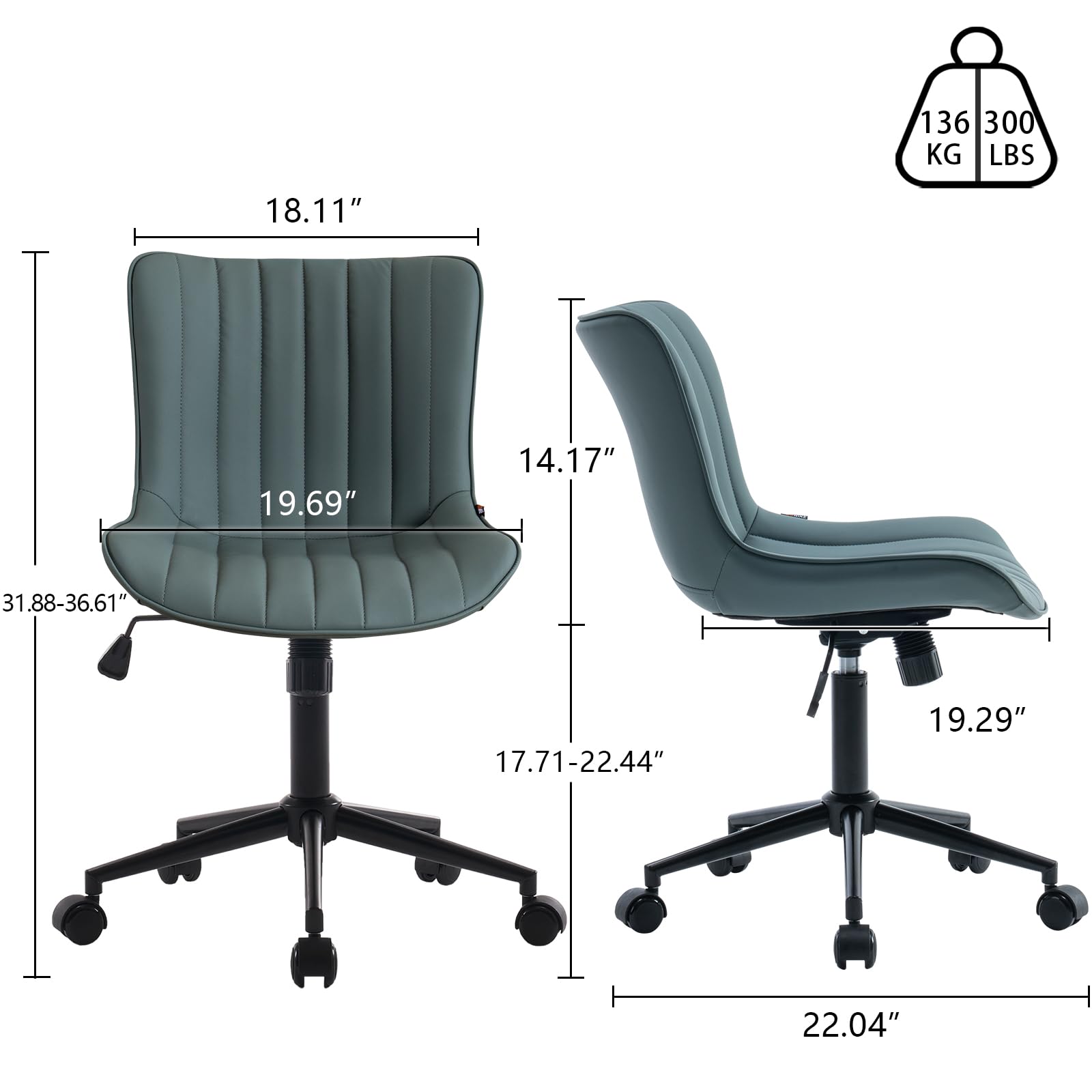 Ergonomic Armless Office Chair Faux Leather Small Cute Desk Chair with 12° Rocking Back Adjustable Height Swivel Vanity Chair Compact Computer Rolling Task Chair for Small Spaces Greyish Green