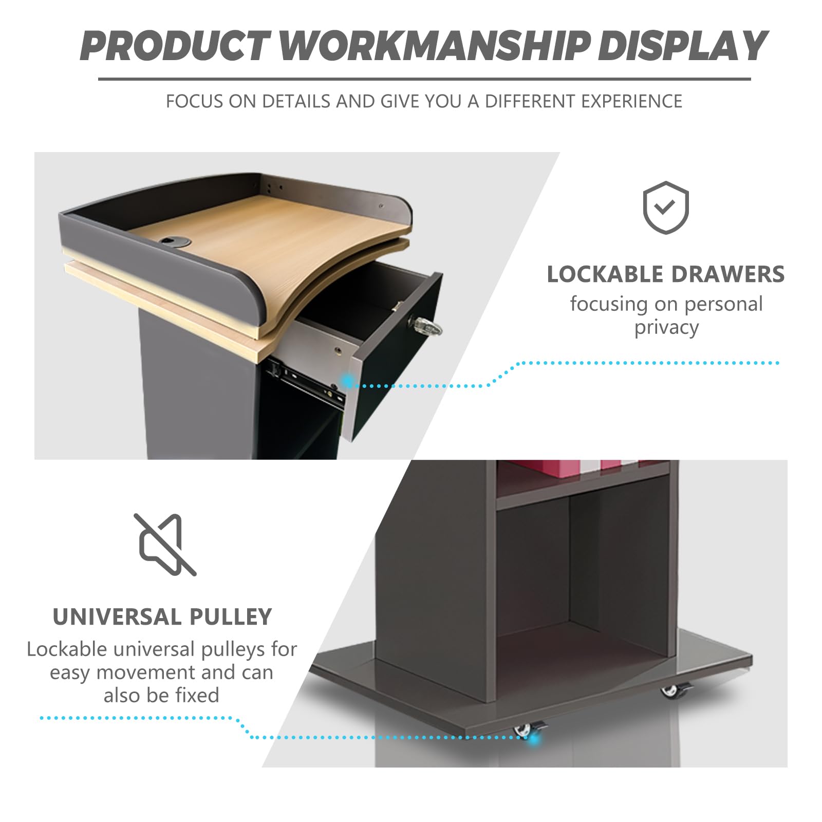 Wooden Podium Stand with Wheels, Pulpitos para Iglesias, Double-Layer Storage Pulpit, Lockable Drawer, Comes with Dust Cloth Durable and Mobile Lectern, Suitable for Churches, Classrooms,Conference.
